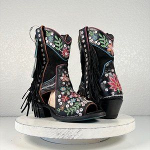 NEW Lane Cactus Button Black Cowboy Bootie 6 Fringe Suede Western Ankle Boots